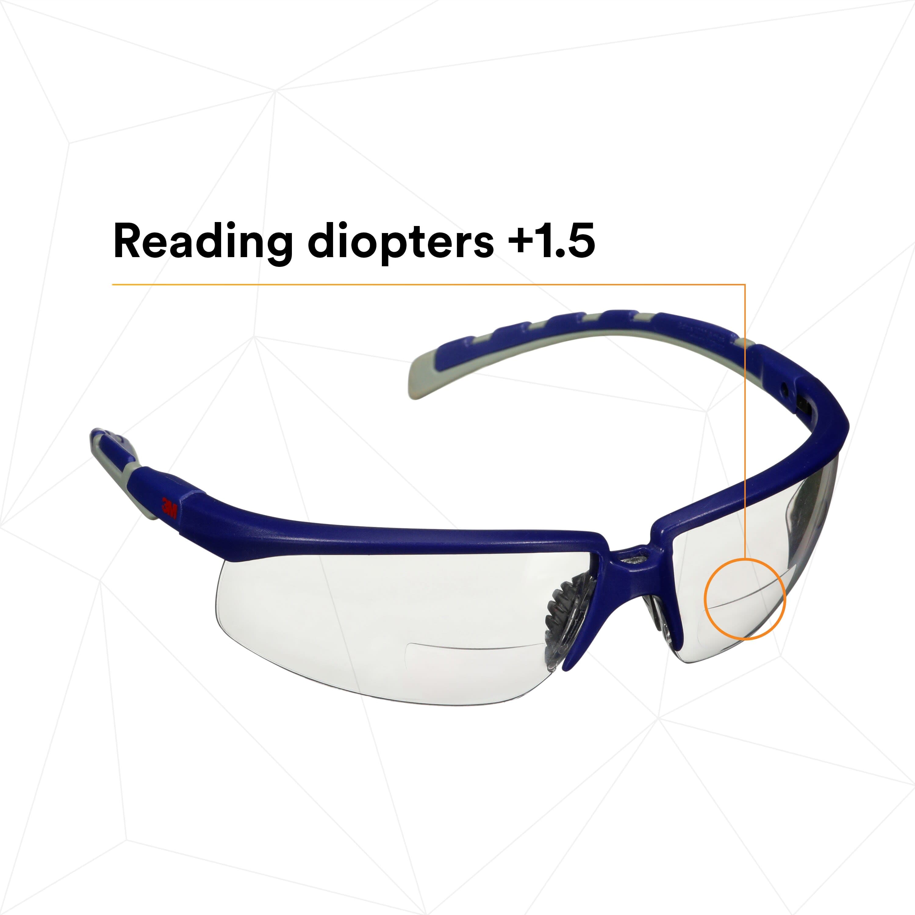 3M™ Solus™ 2000 Series, S2015AF-BLU, Blue/Gray Temples, Clear Reader +
1.5 Anti-Fog/Anti-Scratch Lens_3