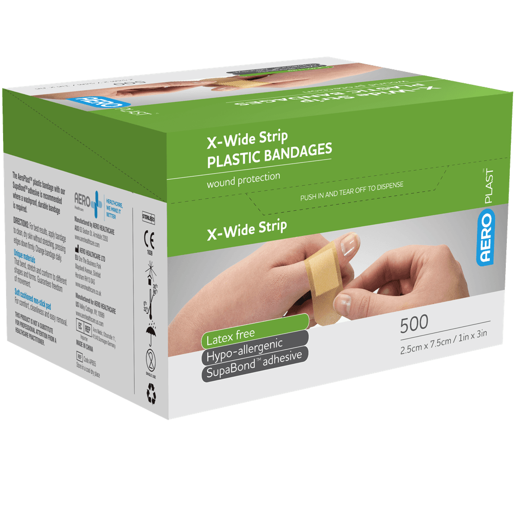 Aero Healthcare AEROPLAST Plastic X-Wide Strip 7.5 x 2.5cm Box/500