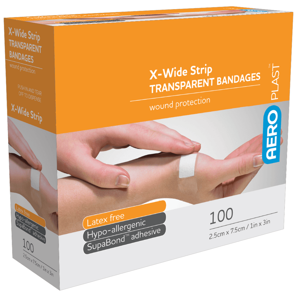 Aero Healthcare AEROPLAST Transparent X-Wide Strip 7.5 x 2.5cm Box/100