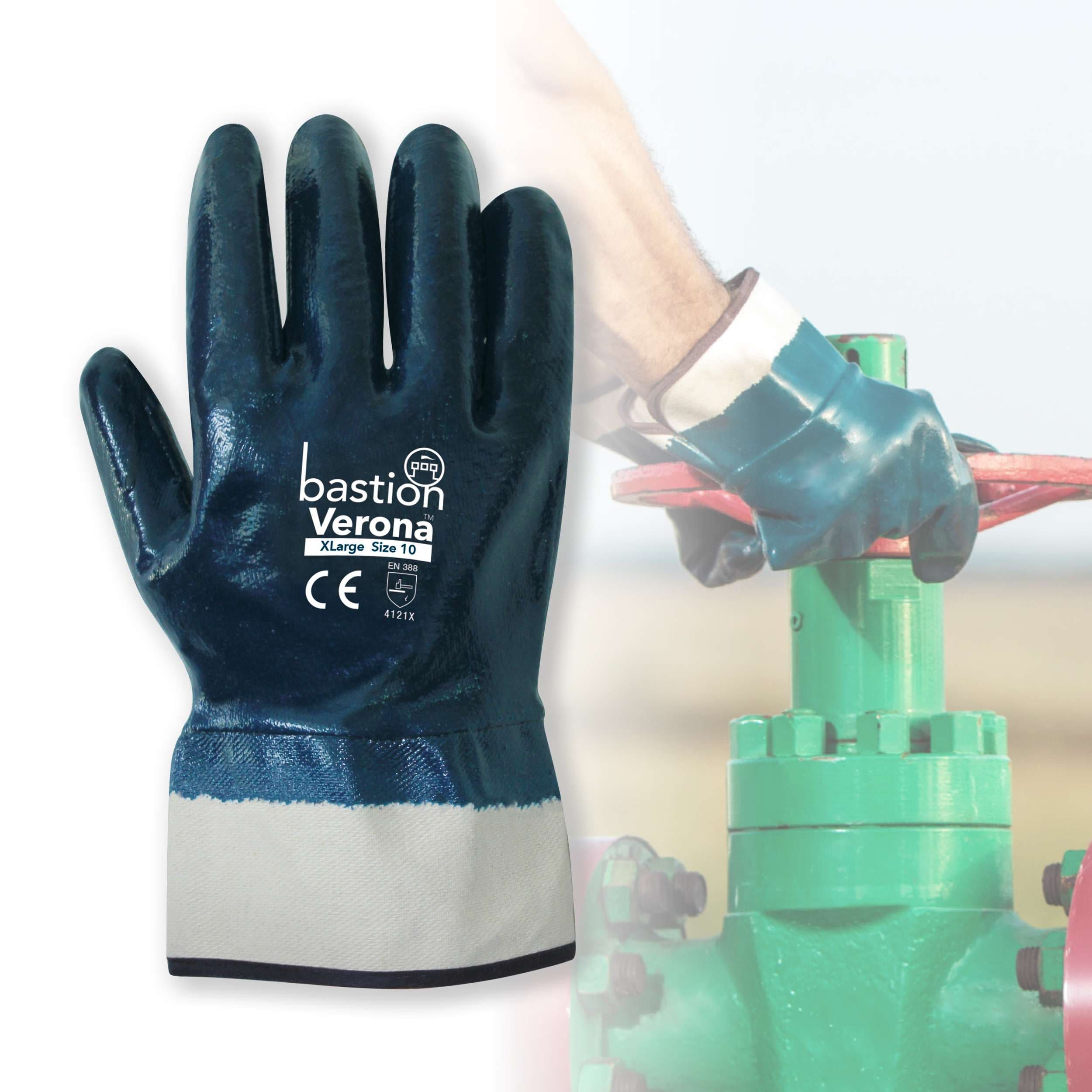 Bastion Verona™  Blue  Nitrile Fully Dipped Jersey Cotton Gloves - Safety Cuff