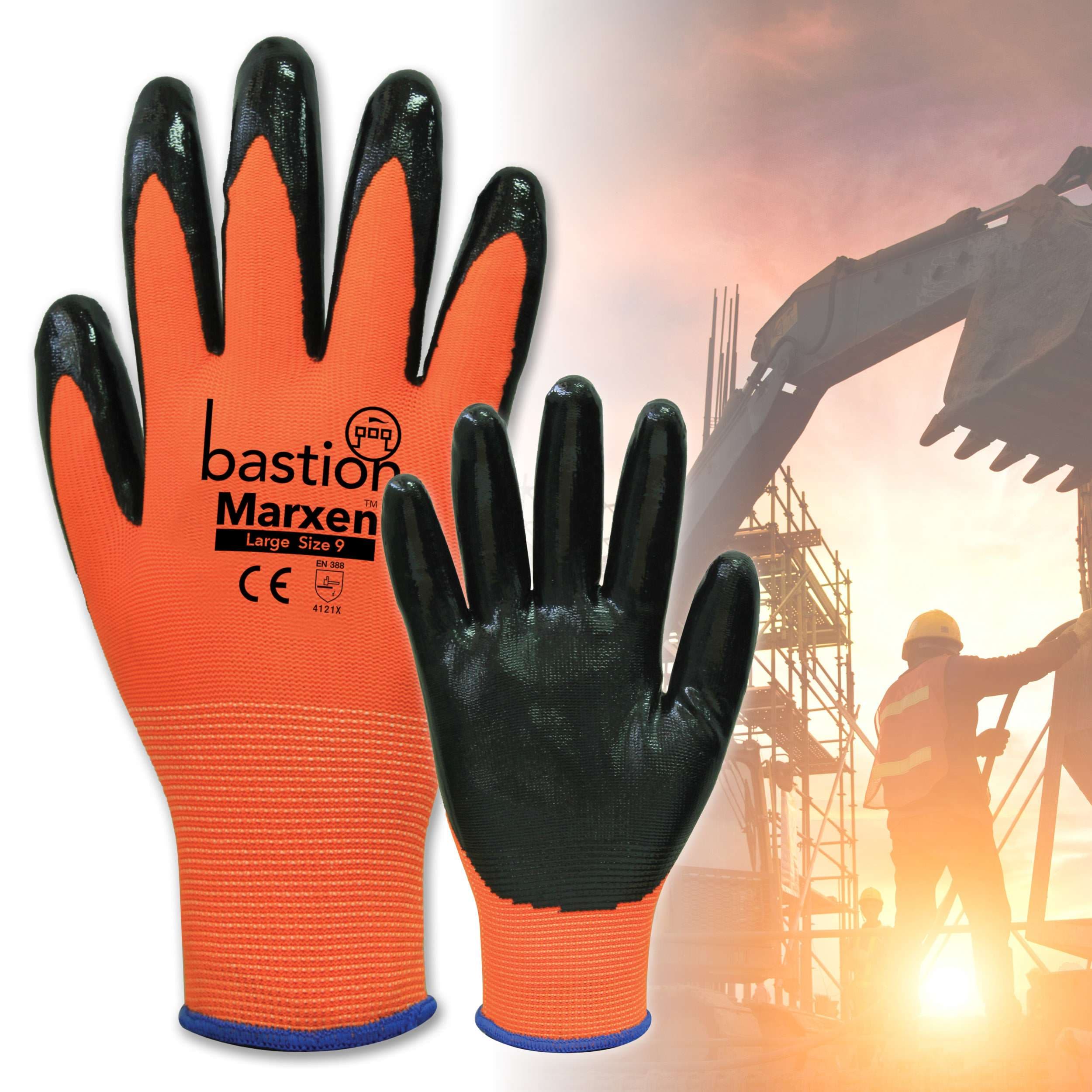 Bastion Marxen™ High Viz Orange Polyester Gloves - Black Nitrile Coating_0