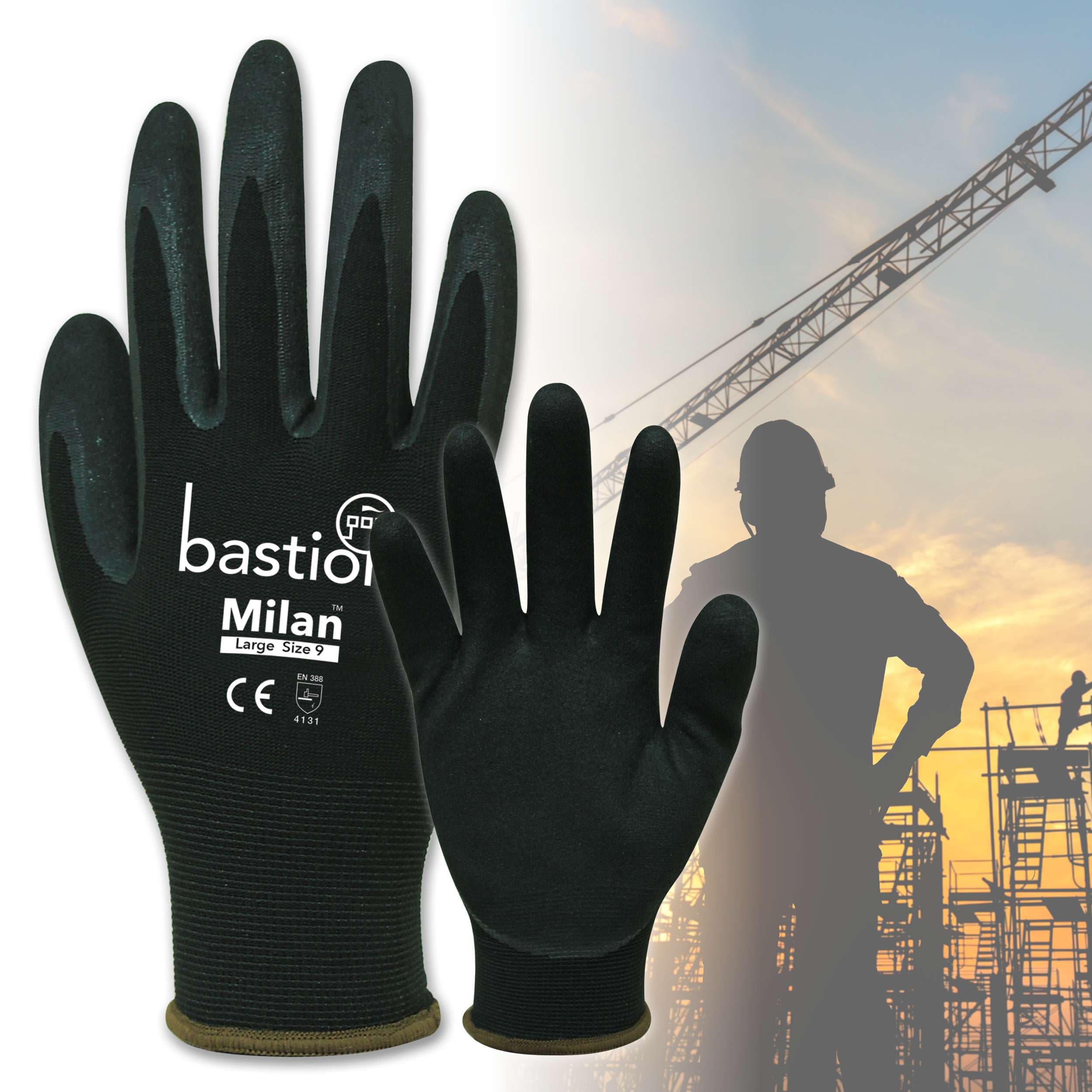 Bastion Milan™  Black  Nylon  Gloves - Black Sandy Foam Nitrile Coating_1