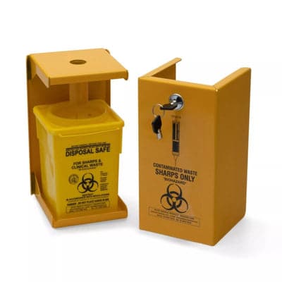 FastAid Sharps Metal Safe, 5L, Yellow Armour, Includes 2 Square 5L Plastic Sharps Containers_1