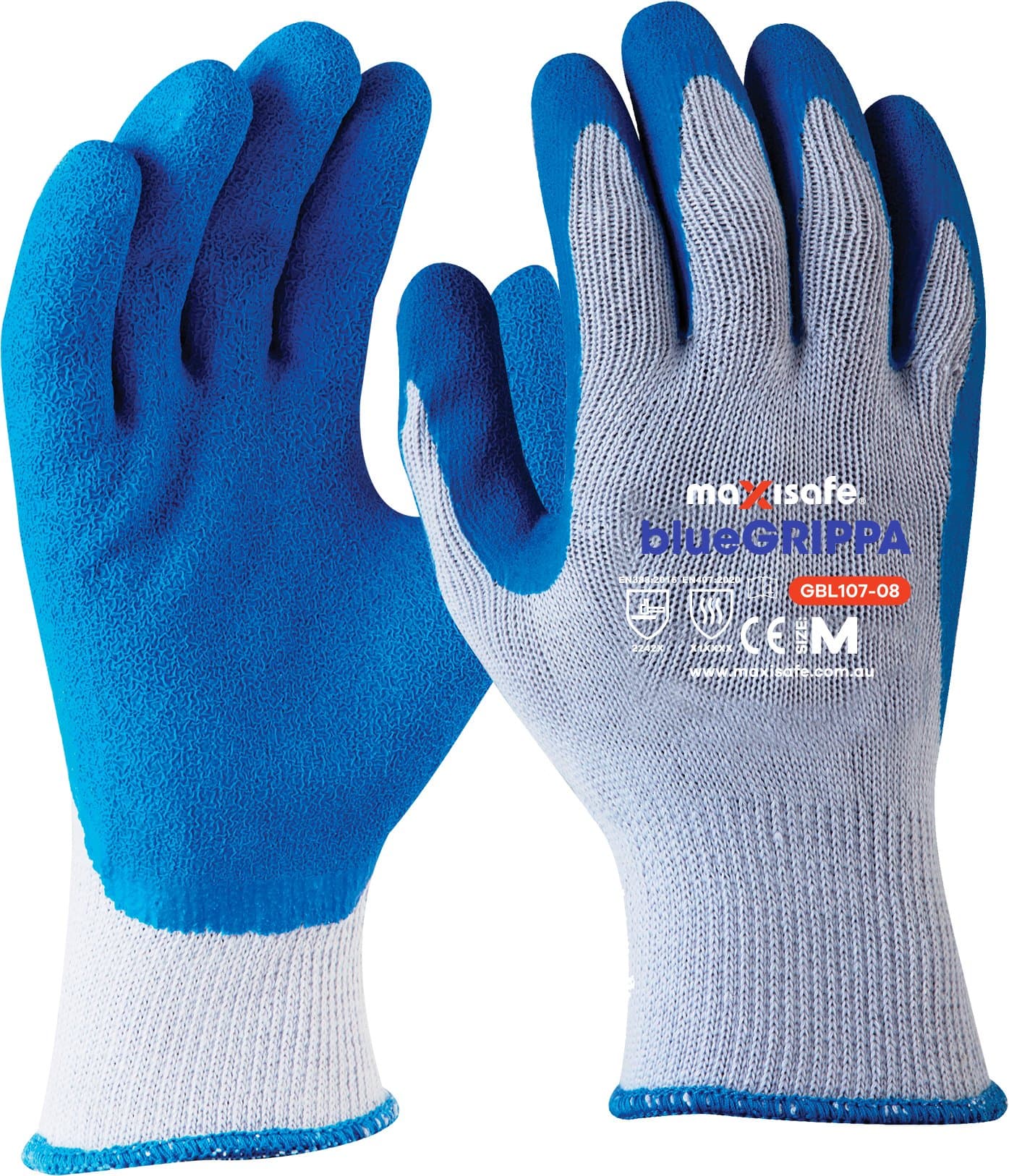 Maxisafe Blue Grippa Glove ,Knitted Poly Cotton, Blue Latex Dipped Palm