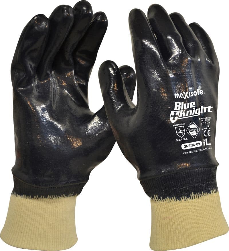 Maxisafe Blue Knight Nitrile Fully Dipped Gloves With Knit Wrist