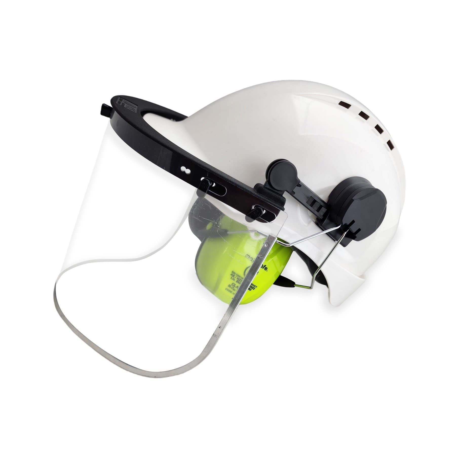 Maxisafe White Helmet With Clear Visor & Muffs, Ratchet Harness