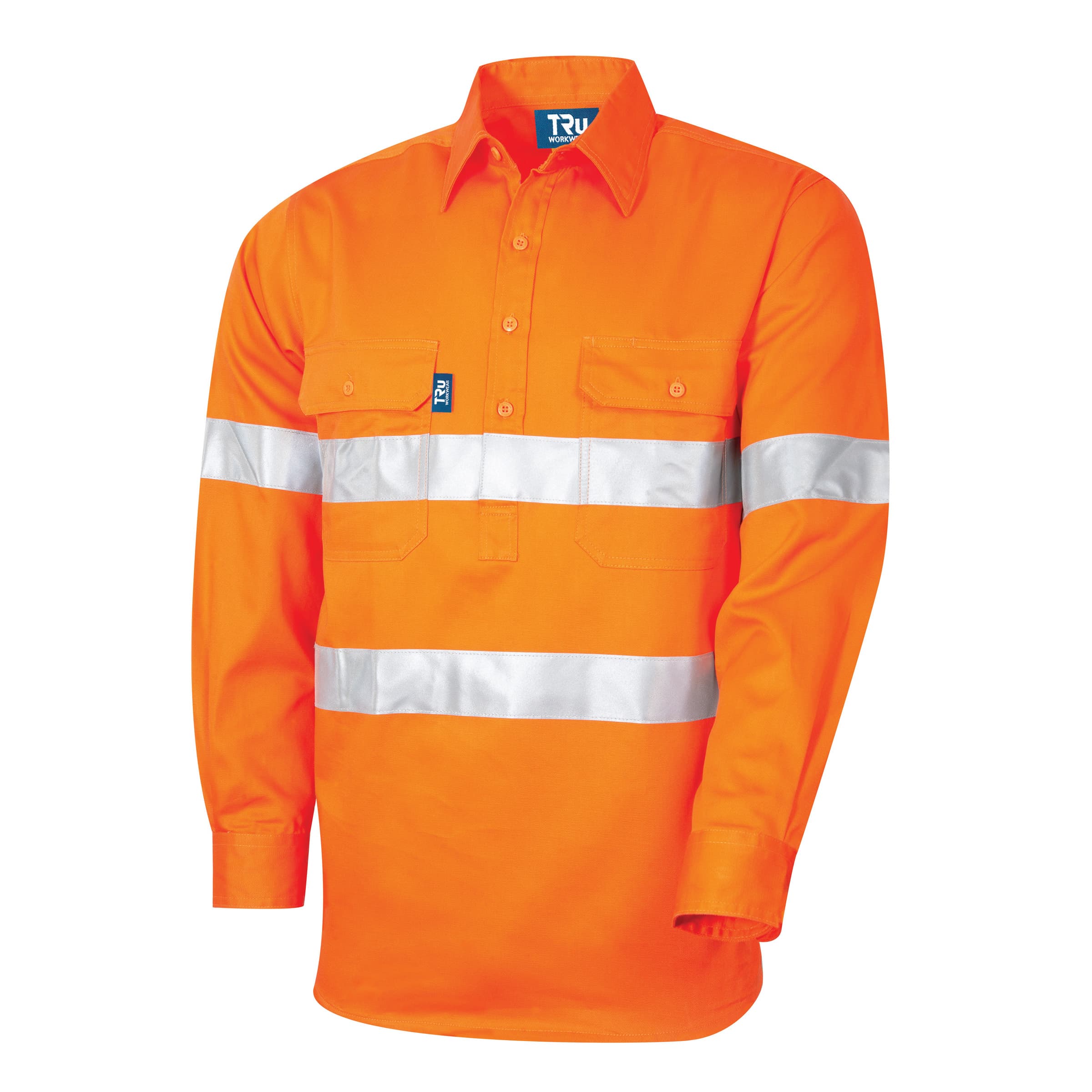 TRu Workwear Shirt 190gsm Closed Front L/S Cotton Drill With 3M Two Hoop Reflective Tape