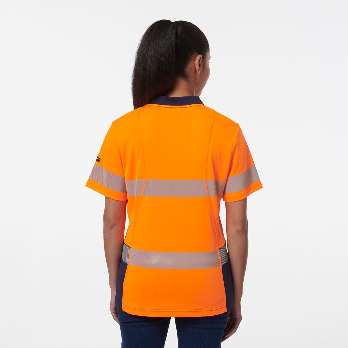 KingGee Womens Workcool Hyperfreeze Spliced Short Sleeve Polo With Segmented Tape (Orange/Navy)_1