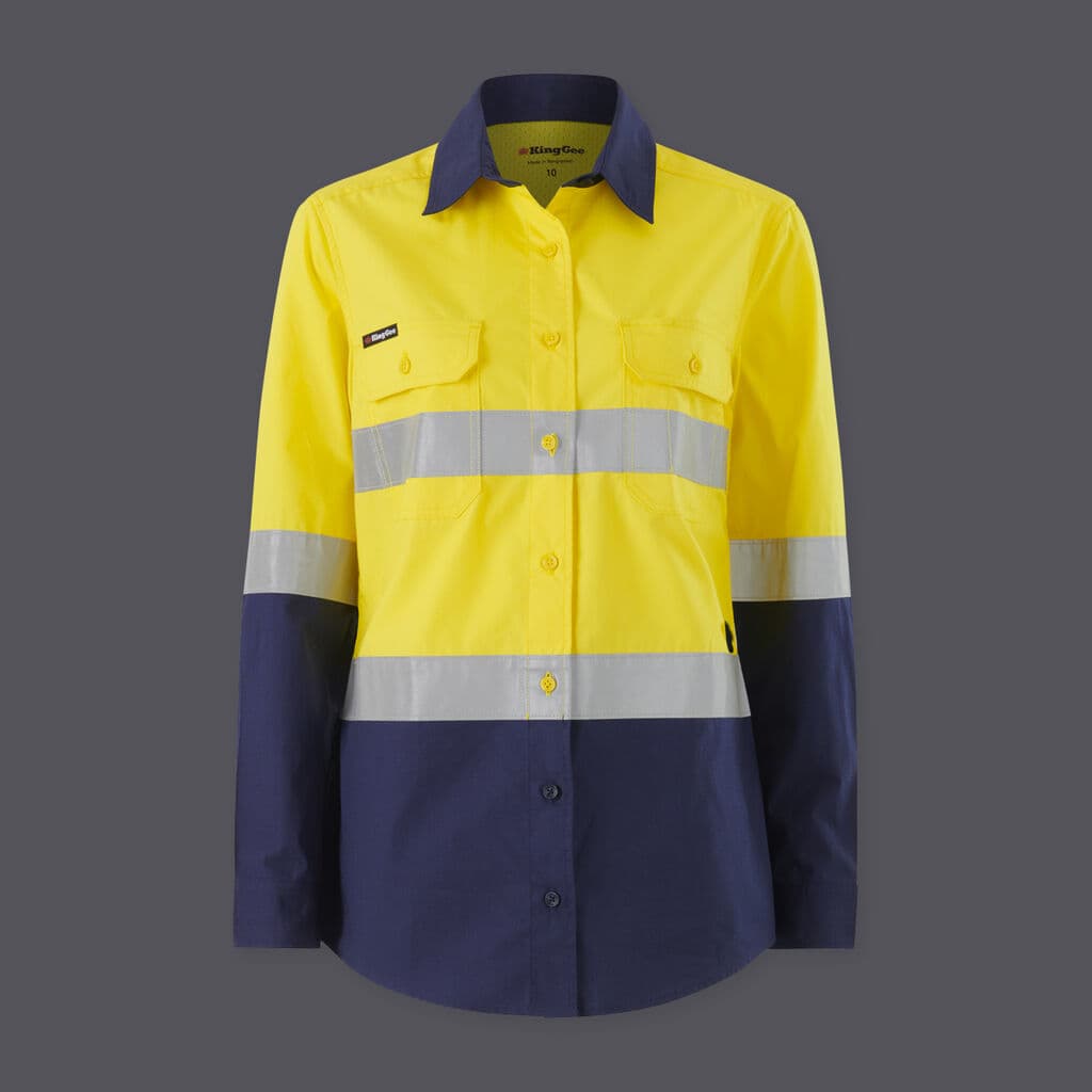 KingGee Womens Workcool Vented Spliced Spliced Shirt Taped Long Sleeve (Yellow/Navy)