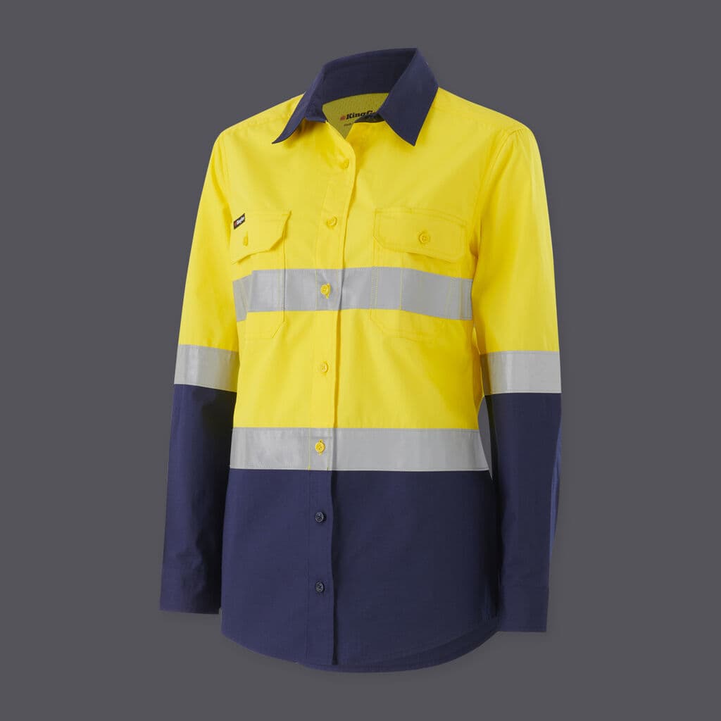 KingGee Womens Workcool Vented Spliced Spliced Shirt Taped Long Sleeve (Yellow/Navy)_1