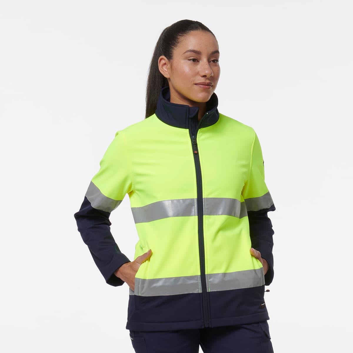 KingGee Women’s Reflective Soft Shell Jacket (Yellow/Navy)_1