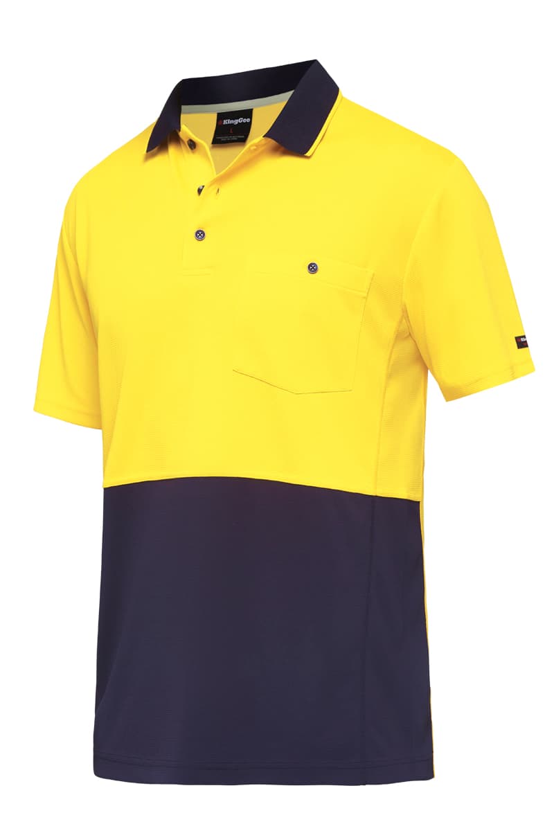 KingGee Mens Workcool Hyperfreeze Spliced Polo Short Sleeve (Yellow/Navy)