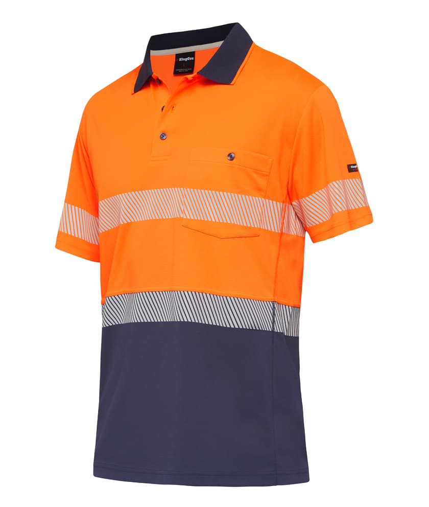 KingGee Mens Workcool Hyperfreeze Spliced Polo Short Sleeve Taped (Orange/Navy)