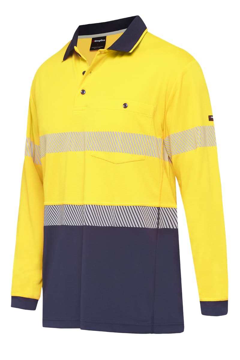 KingGee Mens Workcool Hyperfreeze Spliced Polo Long Sleeve Taped (Yellow/Navy)