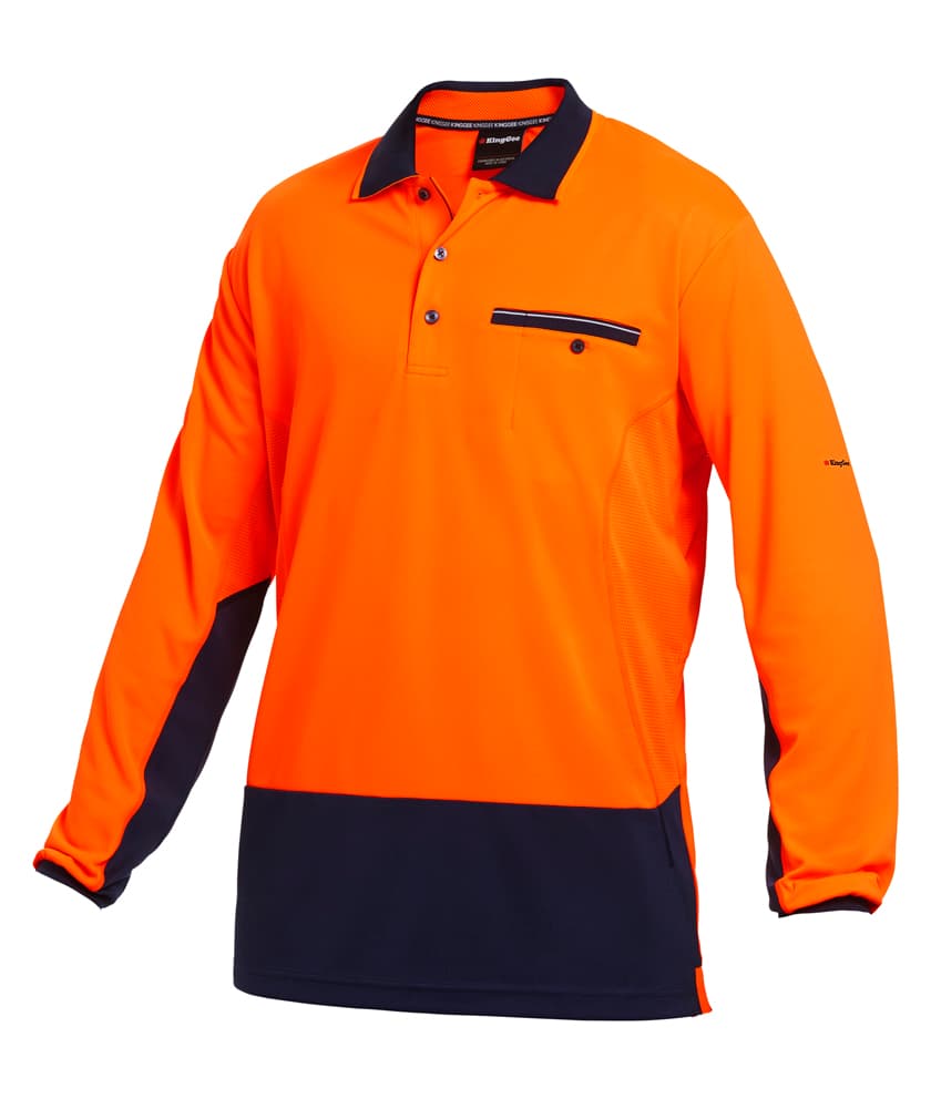 KingGee Mens Workcool2 Spliced Polo Long Sleeve (Orange/Navy)