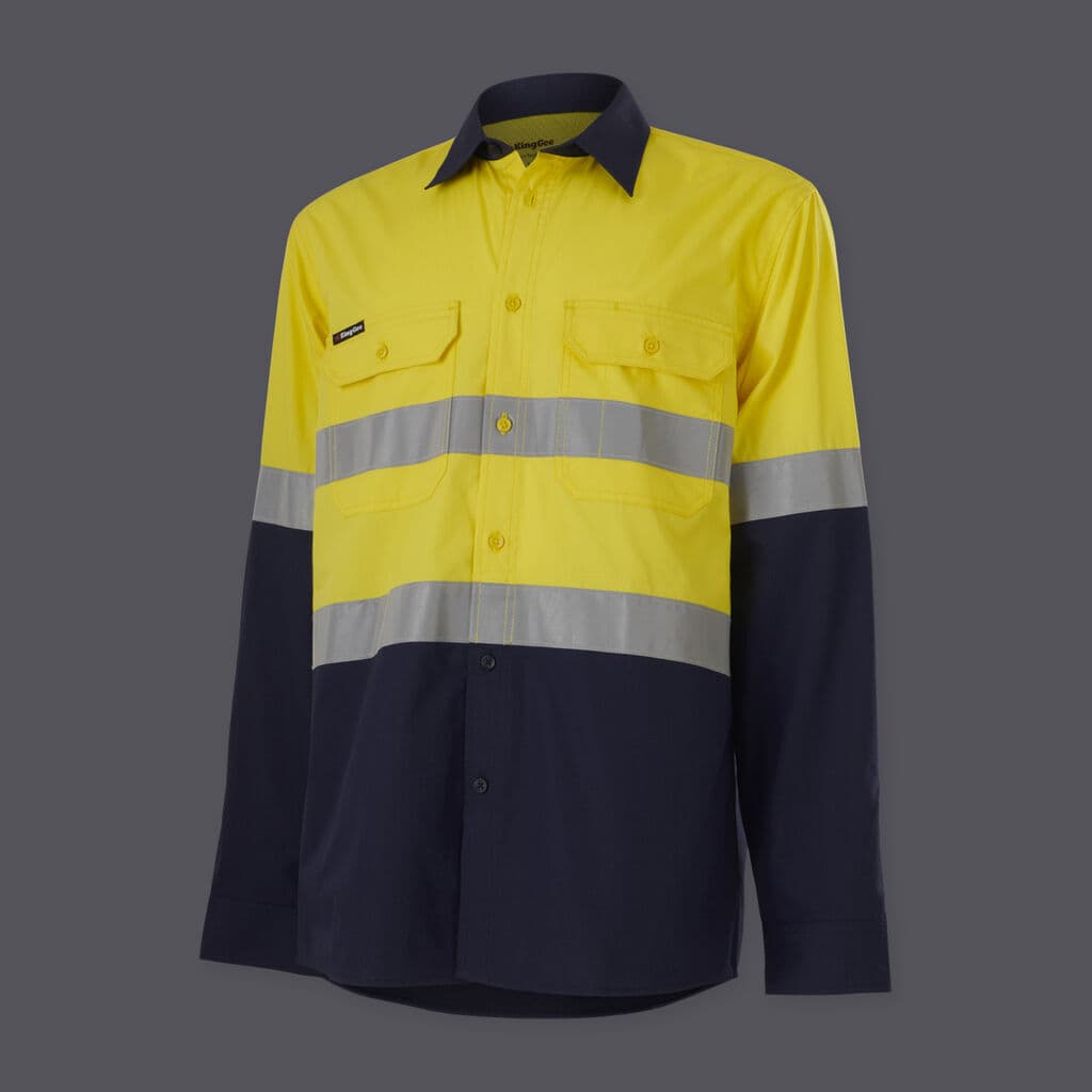 KingGee Mens Workcool Vented Spliced Shirt Taped Long Sleeve (Yellow/Navy)