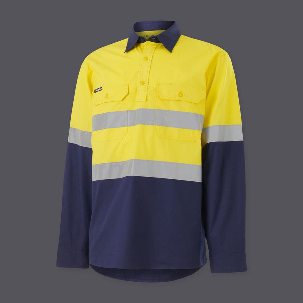 KingGee Mens Workcool Vented Closed Front Spliced Shirt Taped Long Sleeve (Yellow/Navy)_1