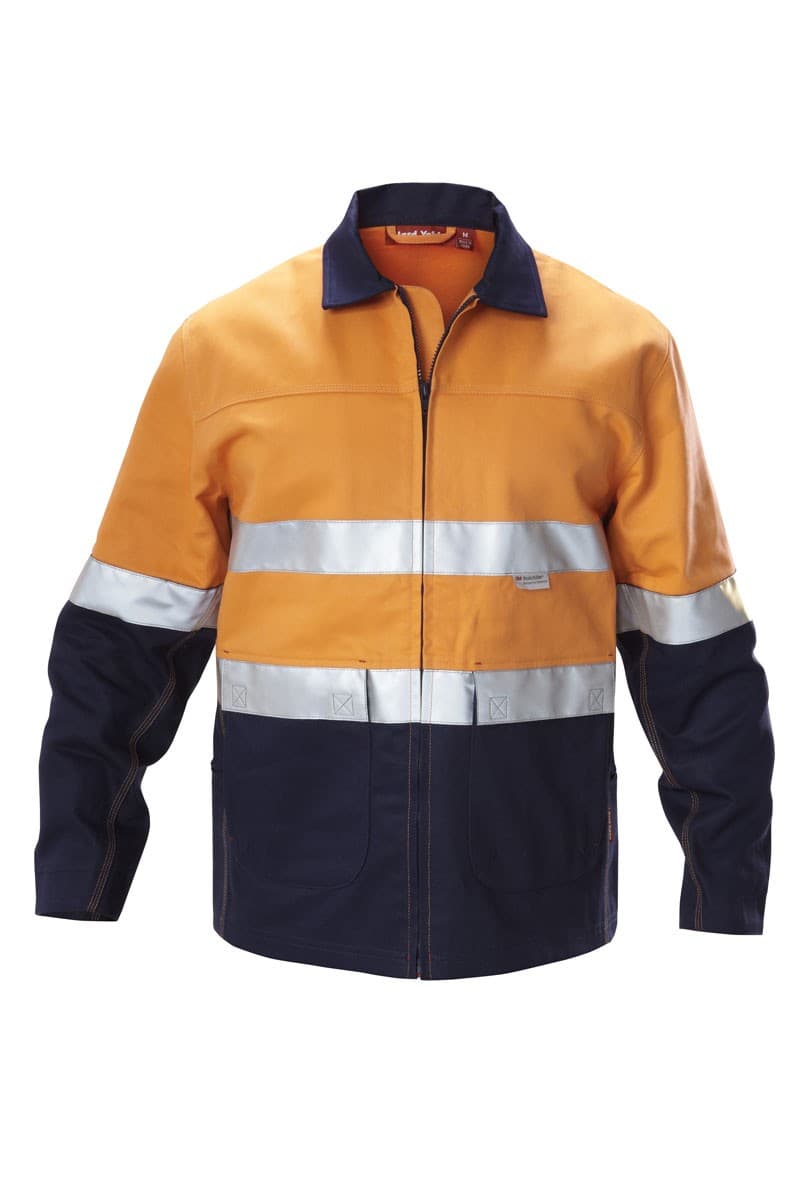 Hard Yakka Foundations Hi-Visibility Two Tone Cotton Drill Jacket With Tape (Orange/Navy)