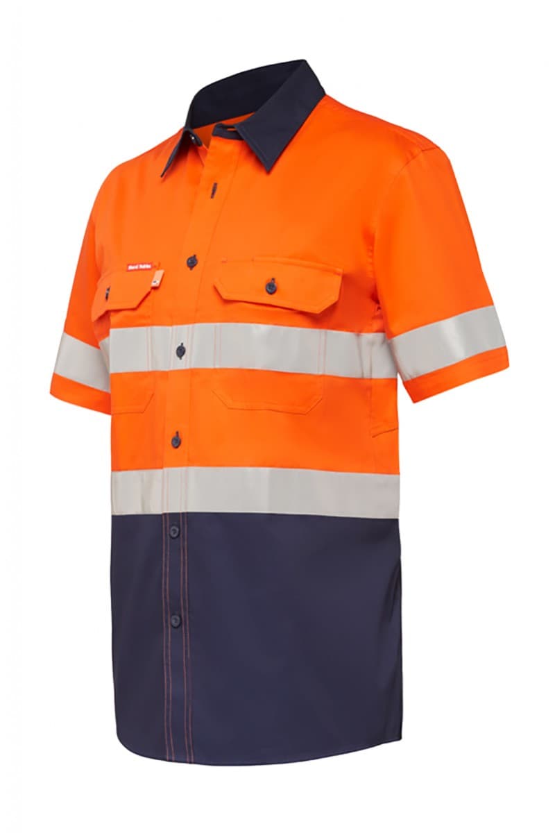 Hard Yakka Koolgear Hi-Visibility Two Tone Ventilated Short Sleeve Shirt With Tape (Orange/Navy)