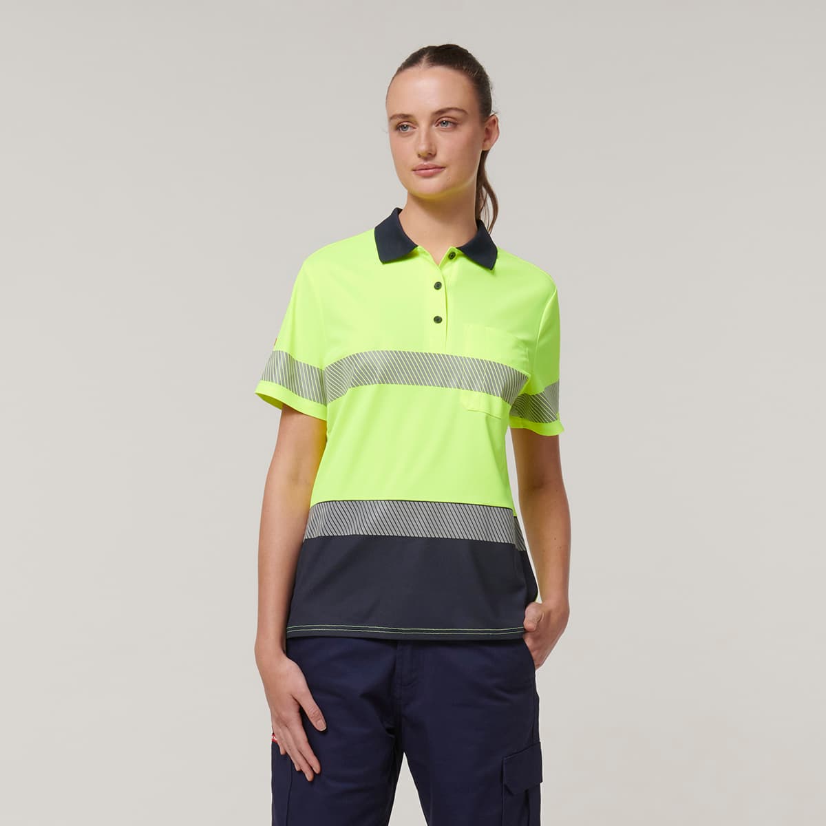 Hard Yakka Womens Short Sleeve Hi Vis Taped Polo (Yellow/Navy)_1