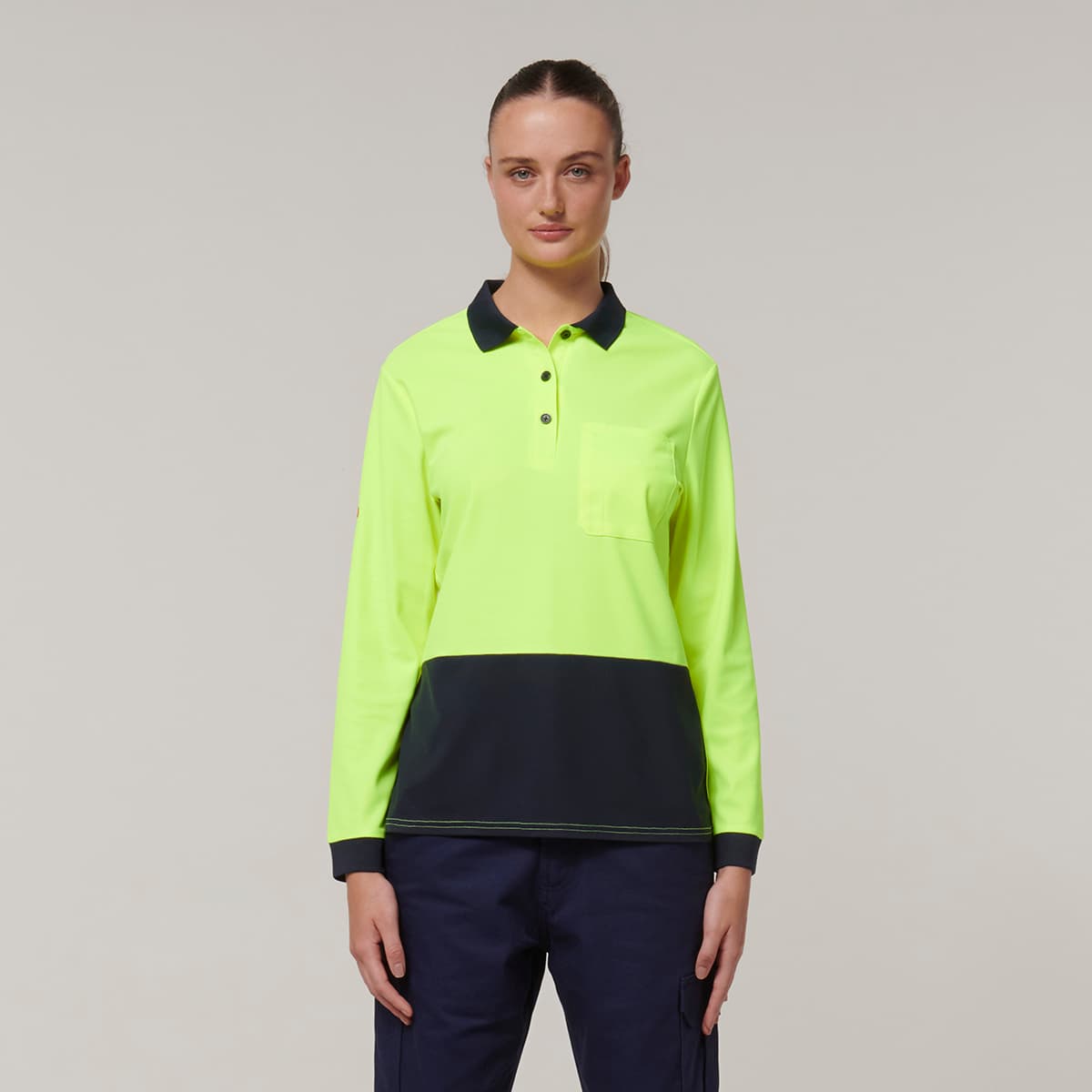 Hard Yakka Womens Long Sleeve Hi Vis Polo (Yellow/Navy)