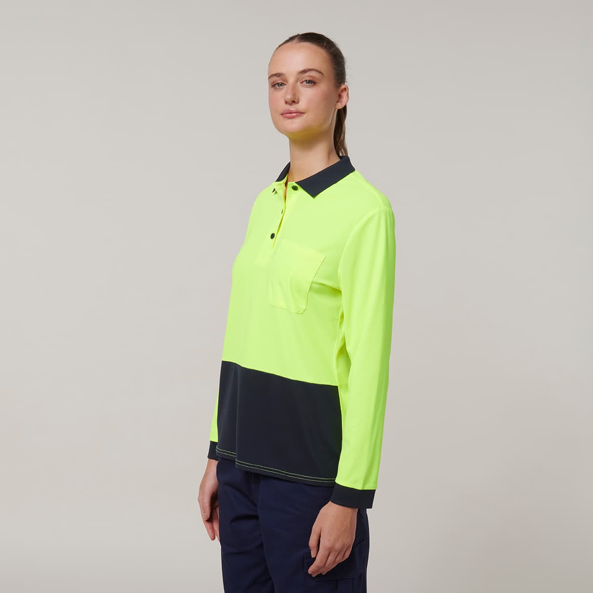 Hard Yakka Womens Long Sleeve Hi Vis Polo (Yellow/Navy)_3