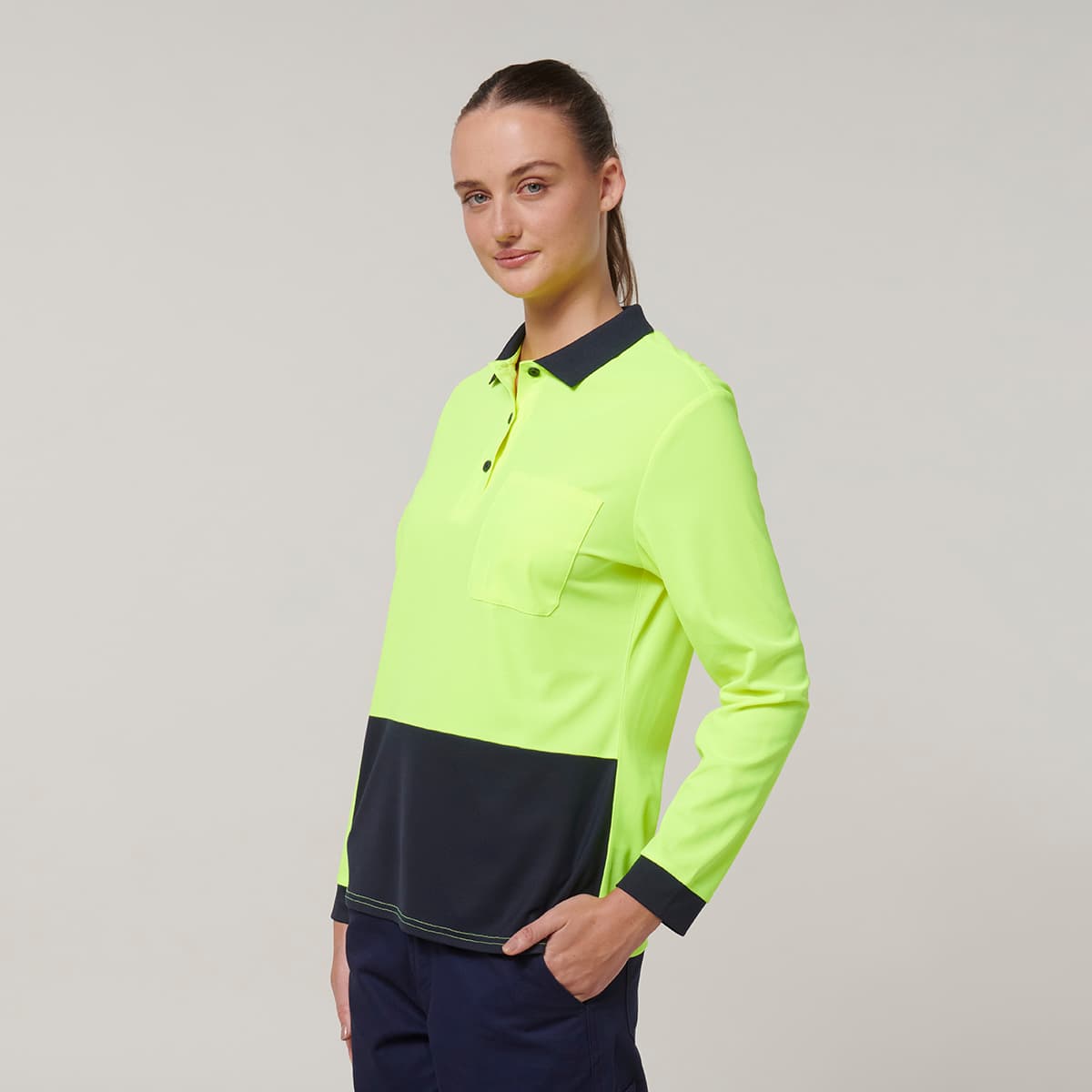 Hard Yakka Womens Long Sleeve Hi Vis Polo (Yellow/Navy)_5