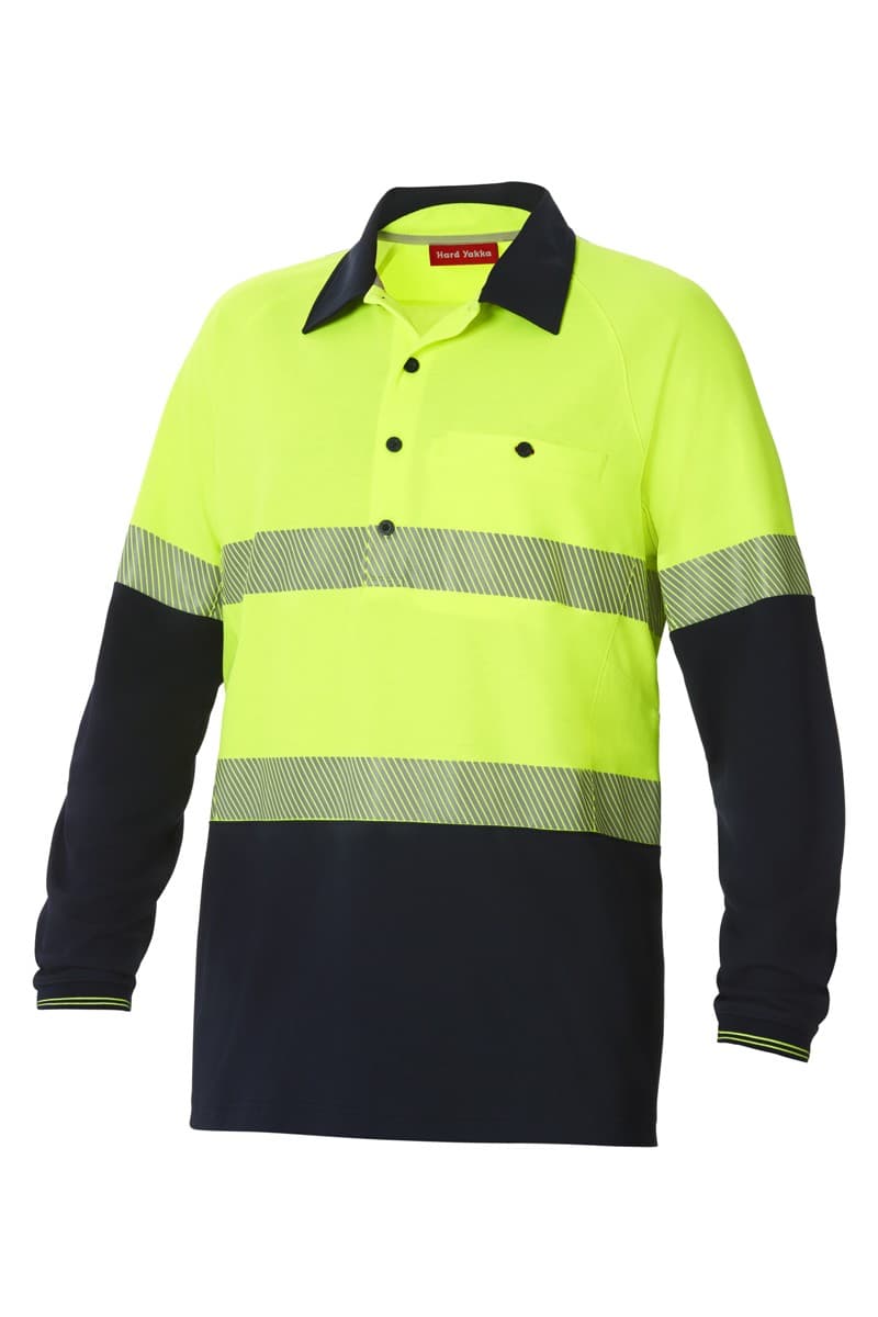 Hard Yakka Koolgear Hi-Visibility Two Tone Long Sleeve Ventilated Polo With Segmented Tape (Lemon/Dark/Navy)