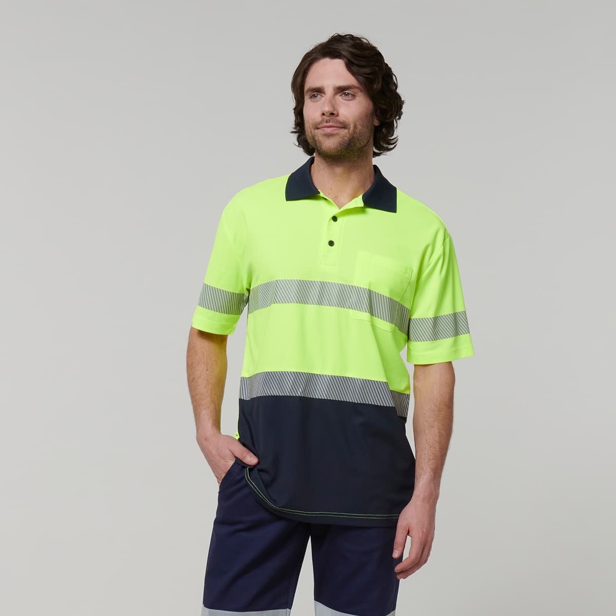 Hard Yakka Mens Short Sleeve Hi Vis Taped Polo (Yellow/Navy)_1