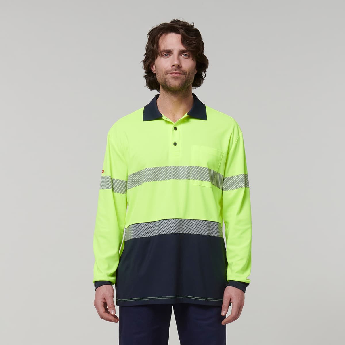 Hard Yakka Mens Long Sleeve Hi Vis Taped Polo (Yellow/Navy)