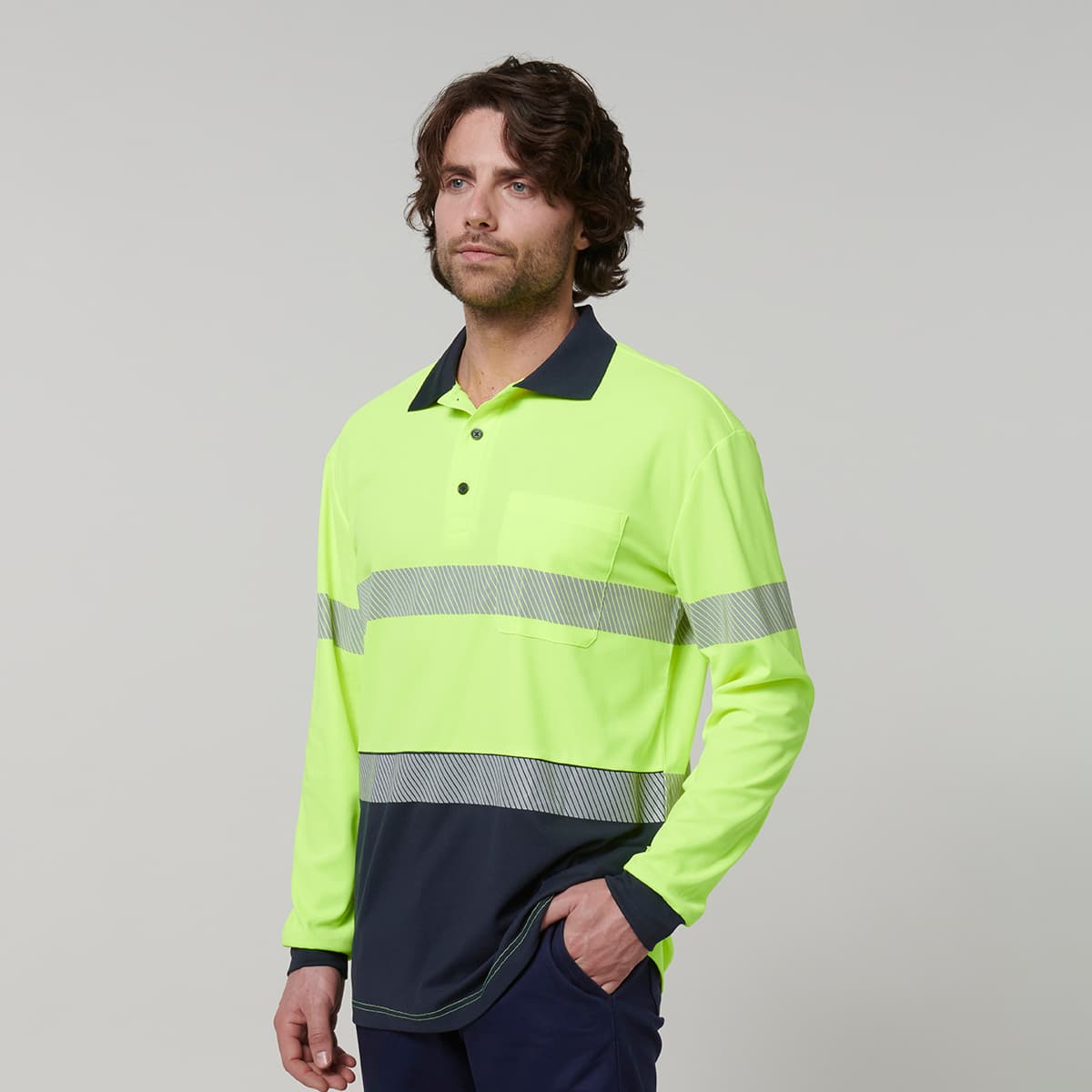 Hard Yakka Mens Long Sleeve Hi Vis Taped Polo (Yellow/Navy)_4